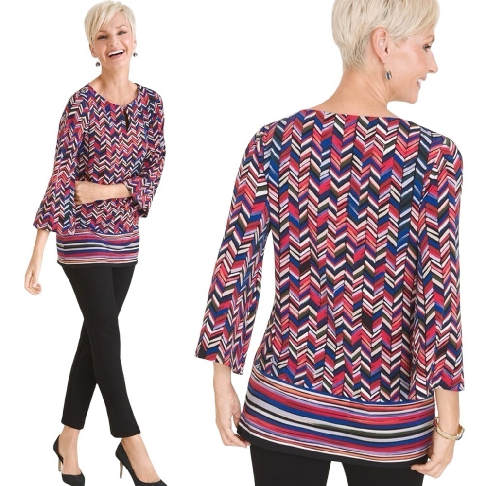 Chicos Chevron-Print Striped-Border Top Size 1 US M